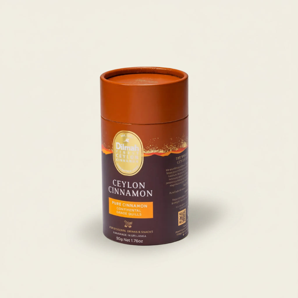Ceylon cinnamon packaging with a brown lid on a beige background