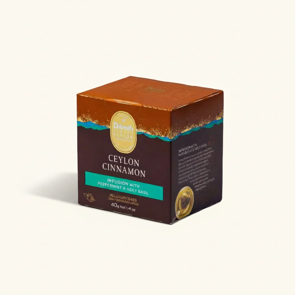 Box of Ceylon Cinnamon tea on a beige background