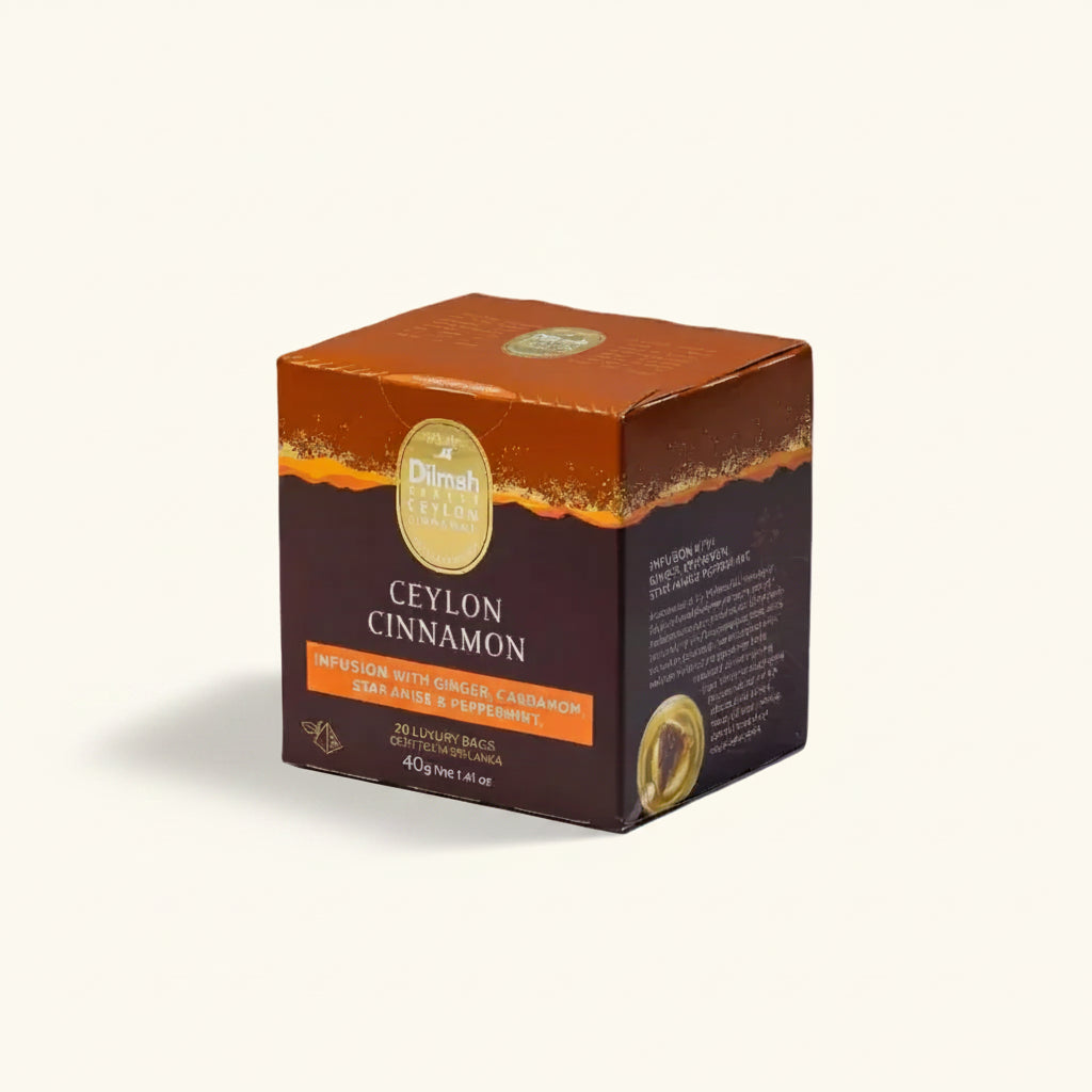 Box of Dilmah Ceylon Cinnamon tea on a beige background