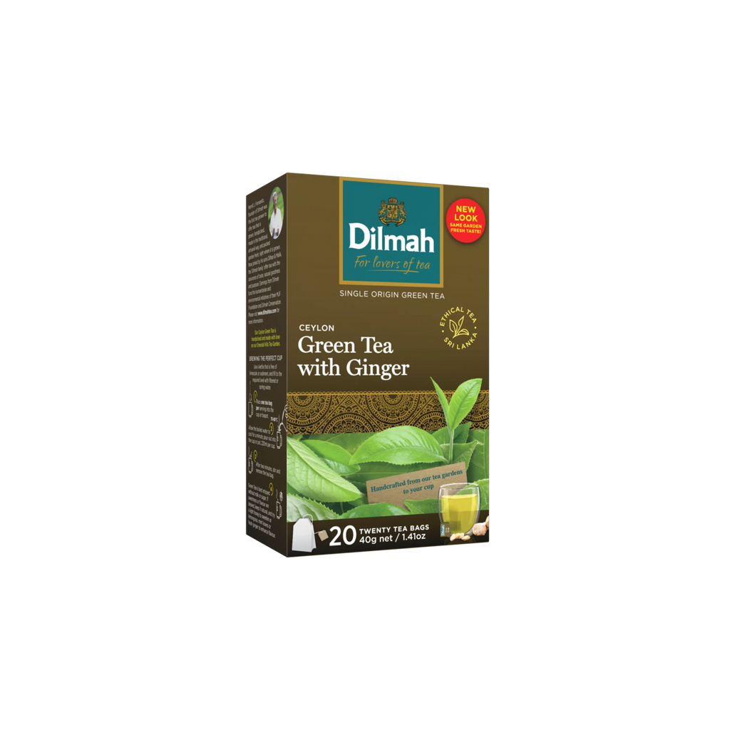 Dilmah Ceylon Green Tea with Ginger packaging on a white background