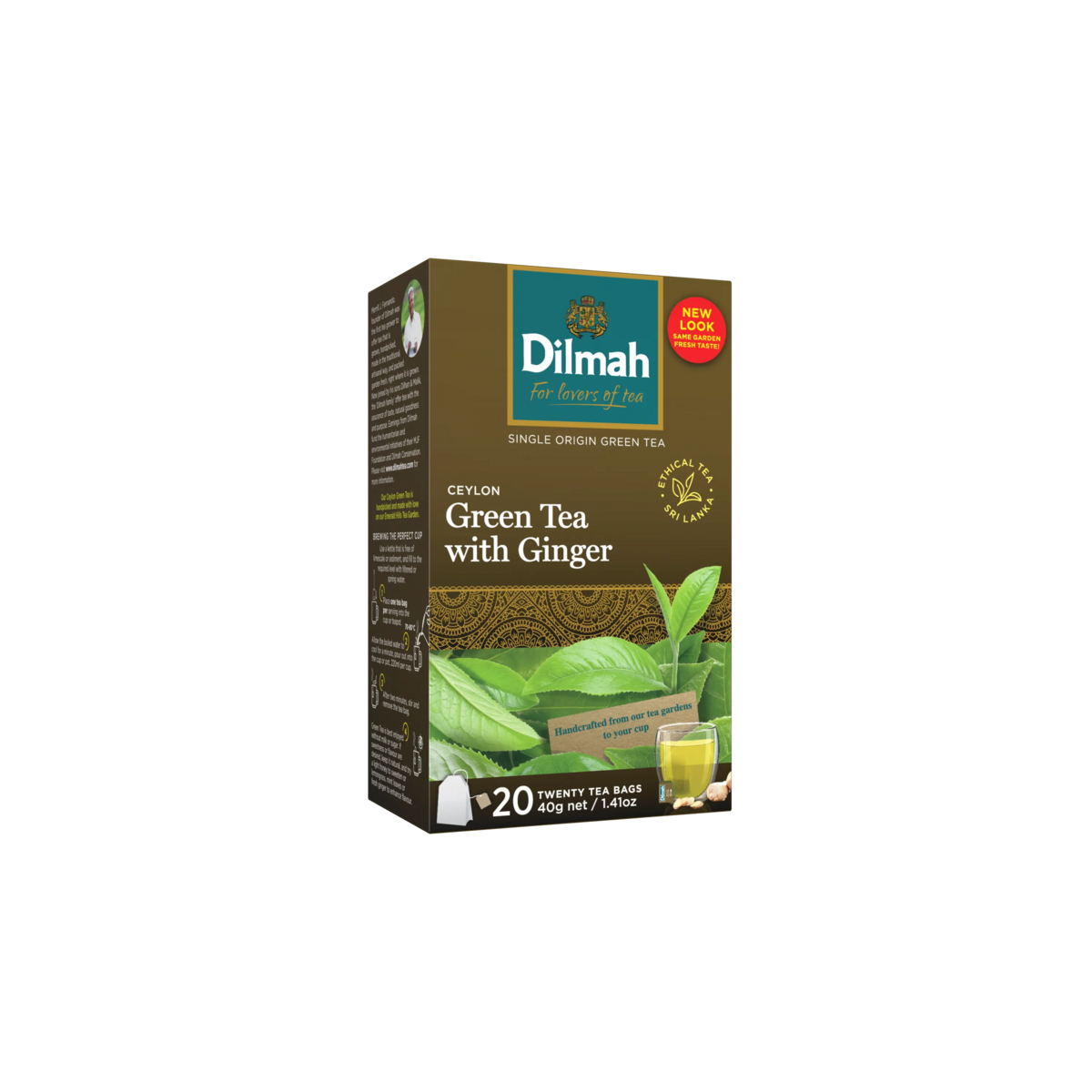 Dilmah Ceylon Green Tea with Ginger packaging on a white background