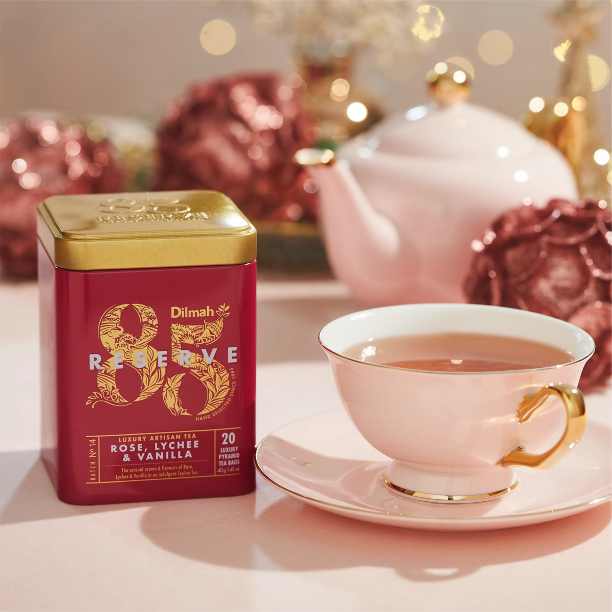 85 Reserve Rose, Lychee and Vanilla Ceylon Black Tea Tin Caddy-20 Luxury Leaf Tea Bags