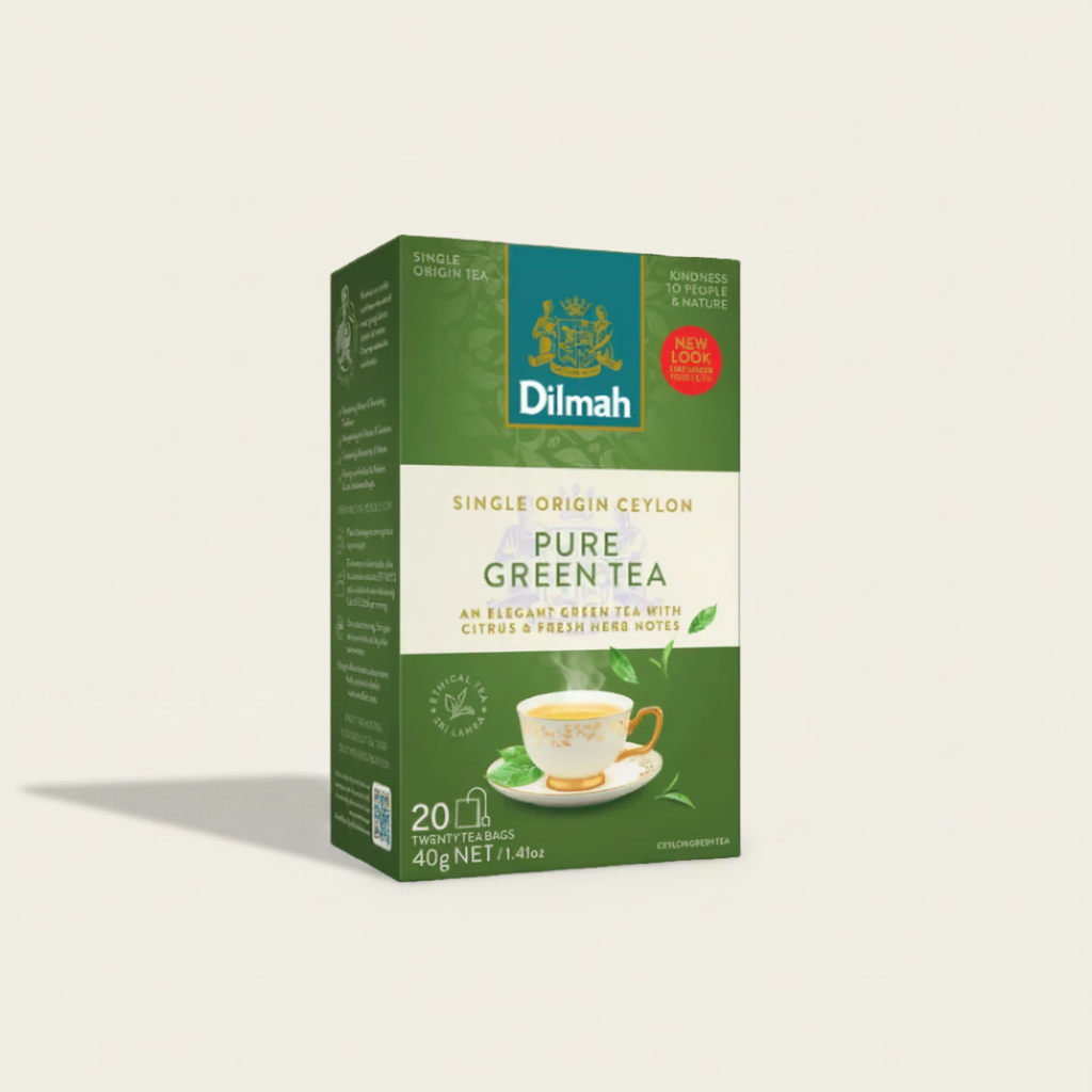 Dilmah Pure Green Tea packaging on a dark green background