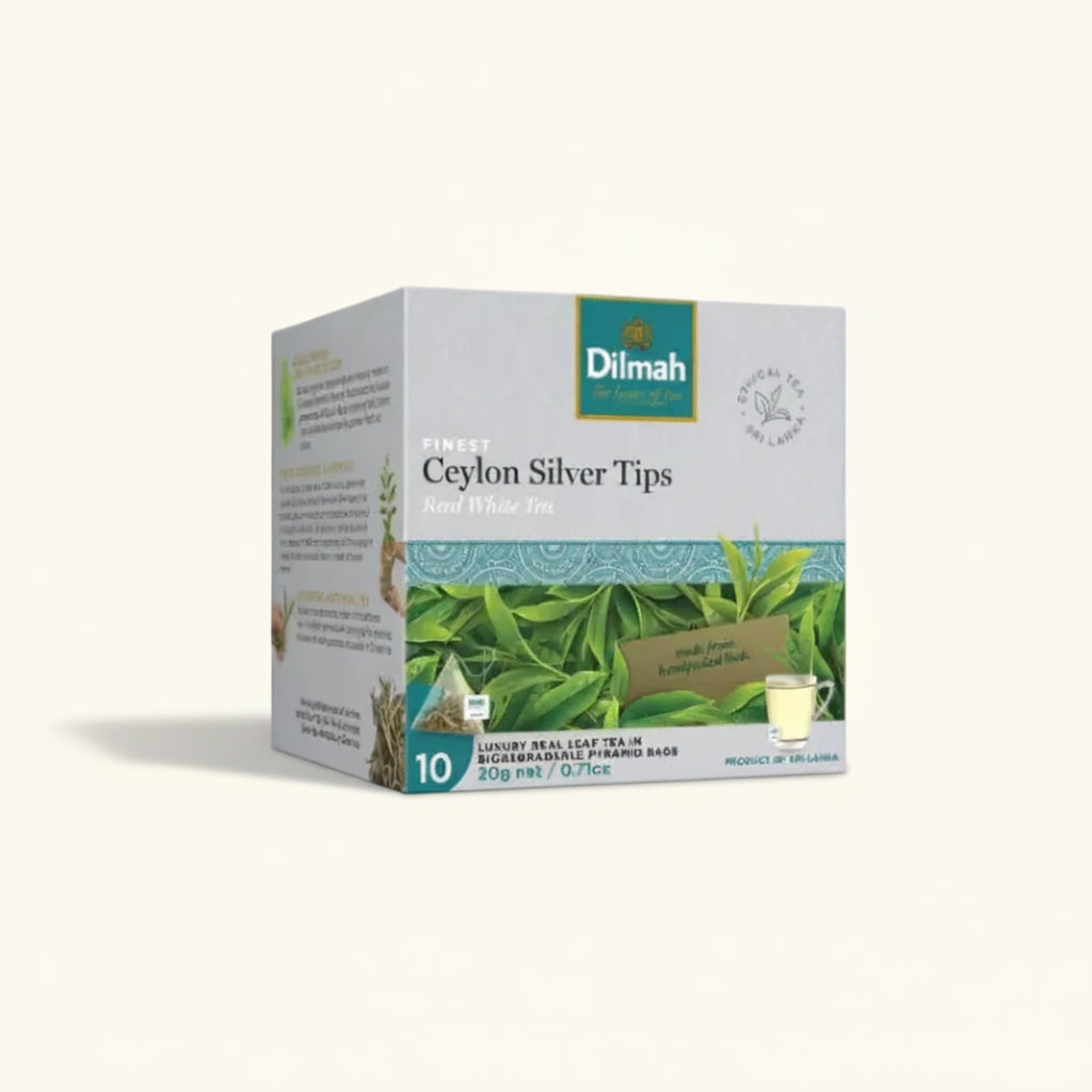 Dilmah Ceylon Silver Tips tea box on a white background