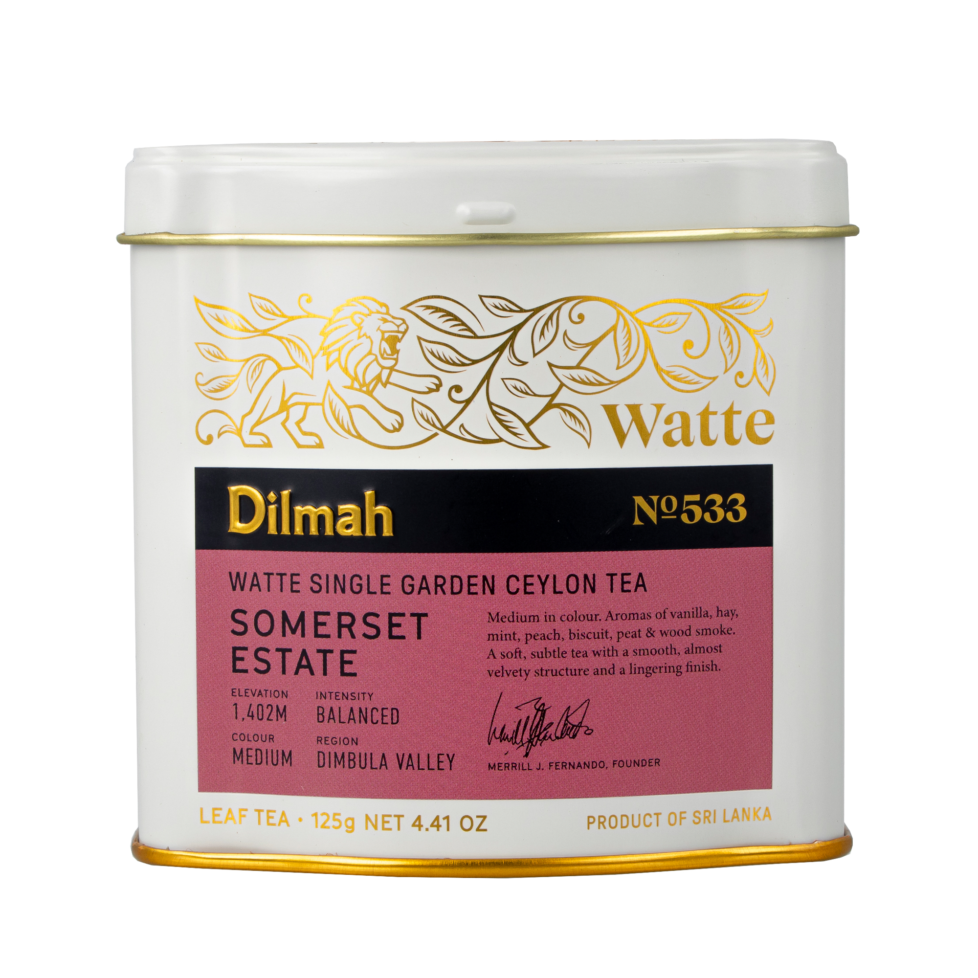 White and gold tin caddy of Dilmah Watte Somerset Estate Ceylon black leaf tea, 125g, with pink label and gold lion design