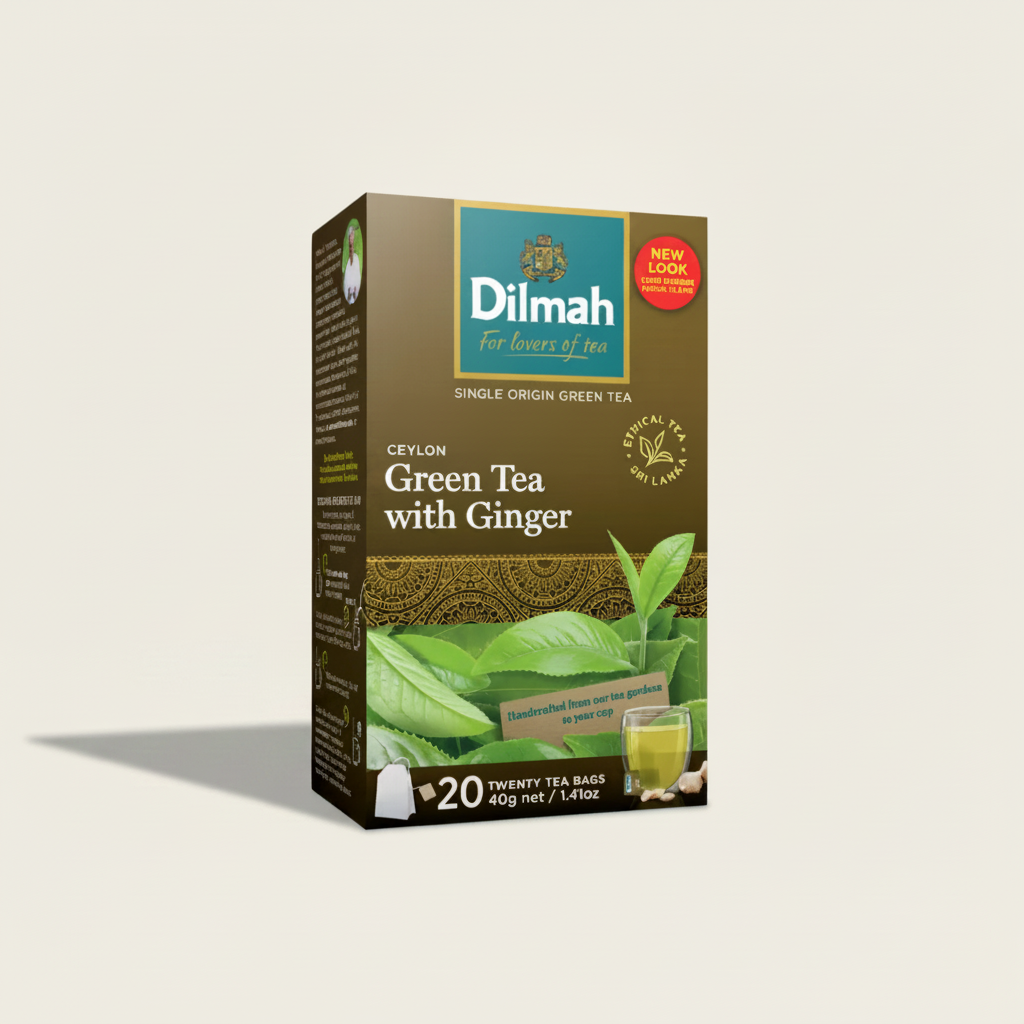 Dilmah Ceylon Green Tea with Ginger packaging on a white background