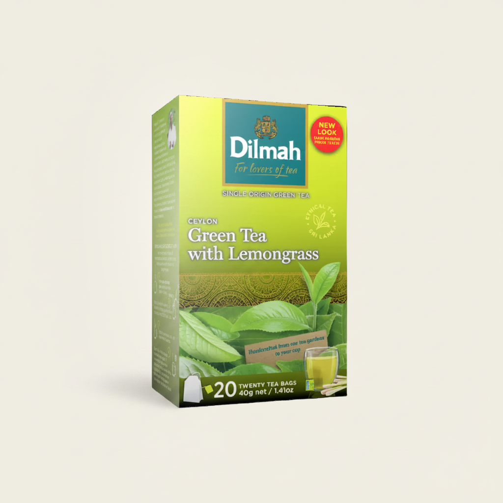 Dilmah Green Tea with Lemongrass packaging on a white background