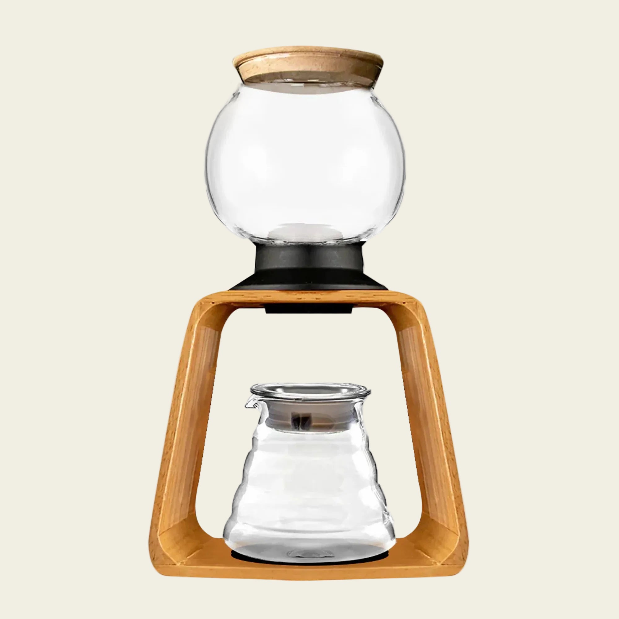 Clear glass coffee maker with wooden base and lid on a white background