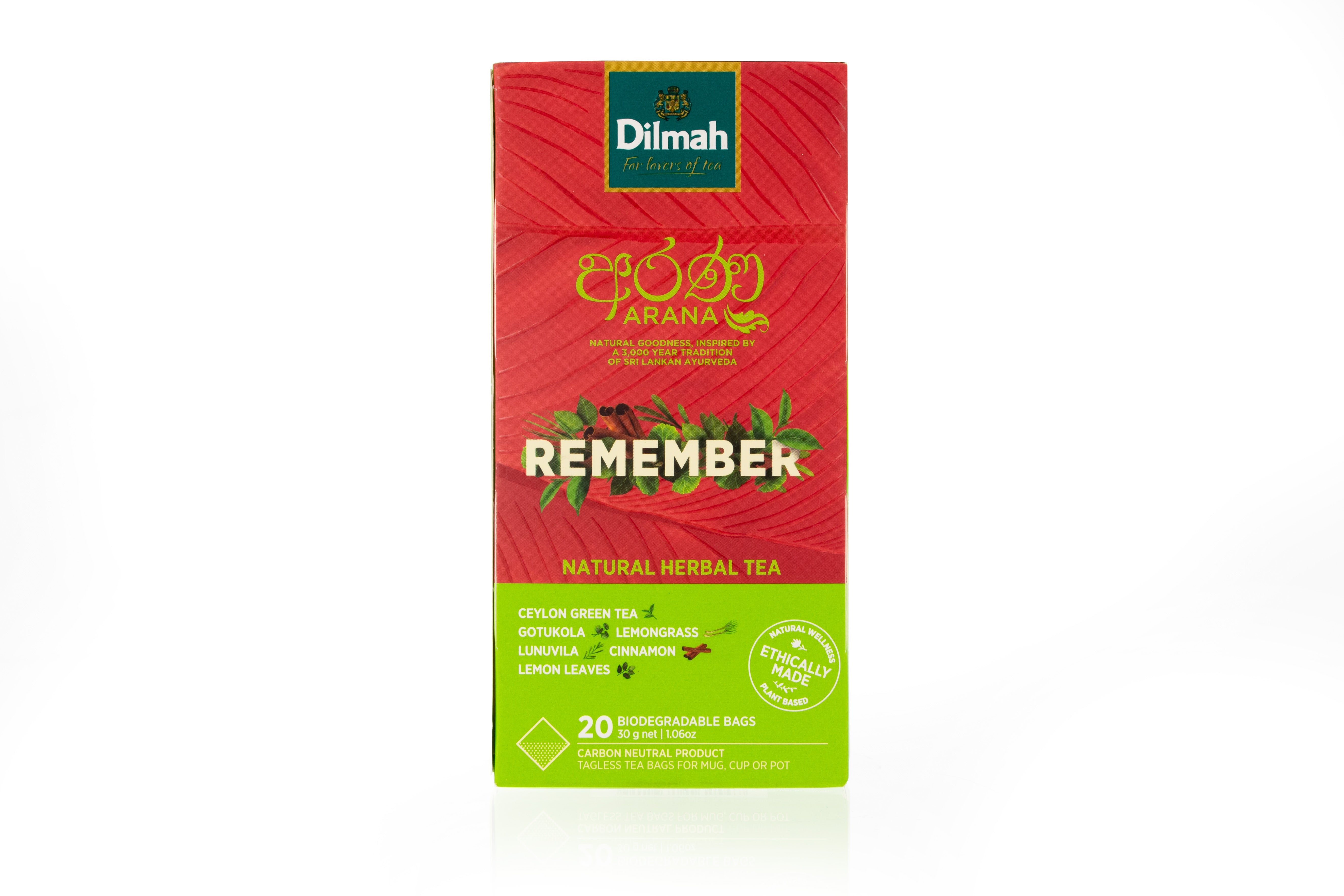 Arana Remember Natural Herbal Ceylon Green Tea-20 Tagless Tea Bags